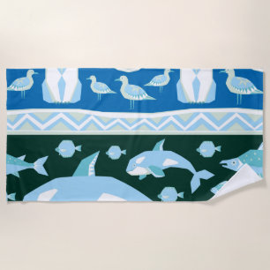 Polar bears whales fish seagulls pattern beach towel