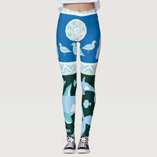 Polar bears whales fish seagulls pattern leggings (Front)