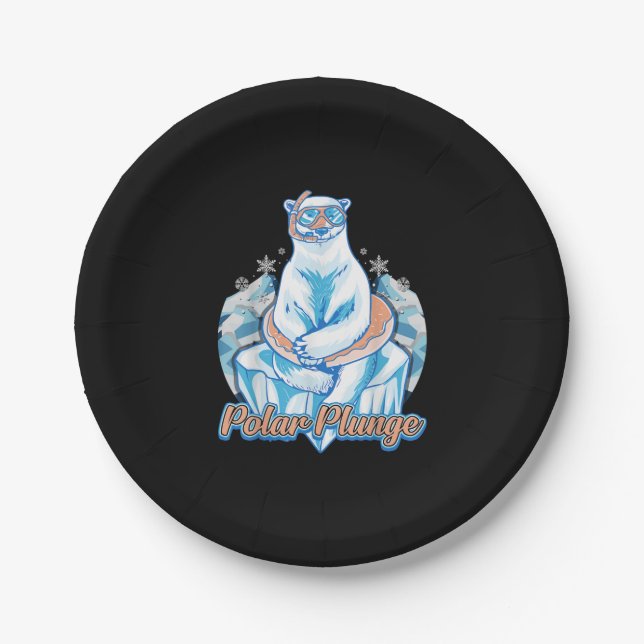 Polar Plunge Ice Jump Funny Polar Bear Winter Swim Paper Plate (Front)