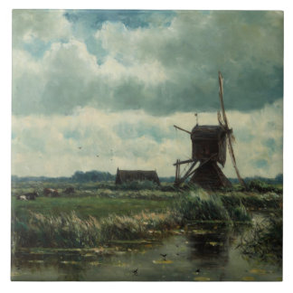 Polder landscape with windmill, Willem Roelofs Tile