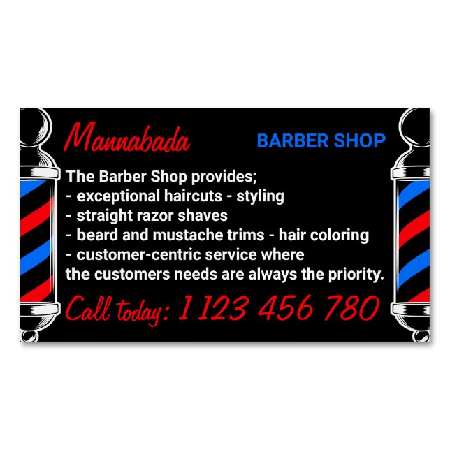 Pole Supply Services Black Red Navy Barber Magnetic Business Card (Front)