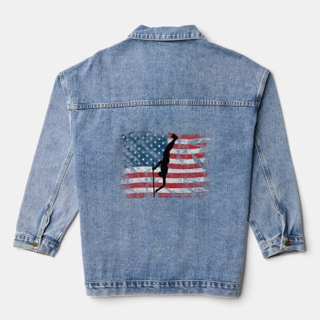 Pole Vault American Flag  Patriotic Pole Vaulting  Denim Jacket (Back)
