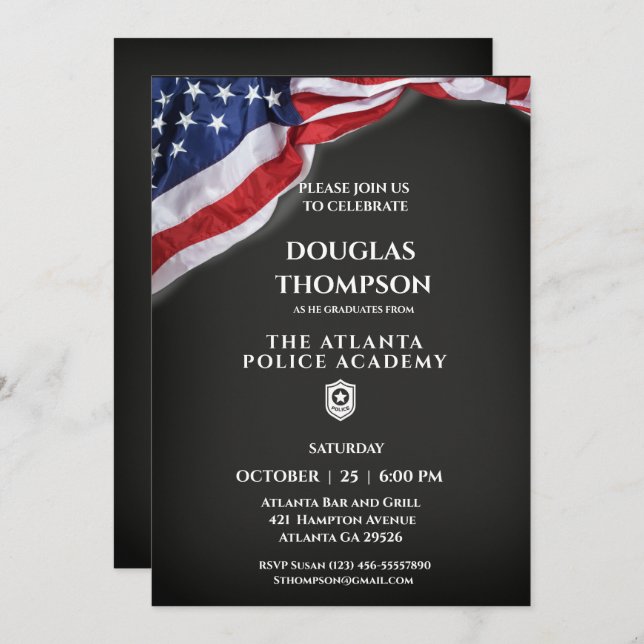 Police Academy Graduate American Flag Invitation (Front/Back)