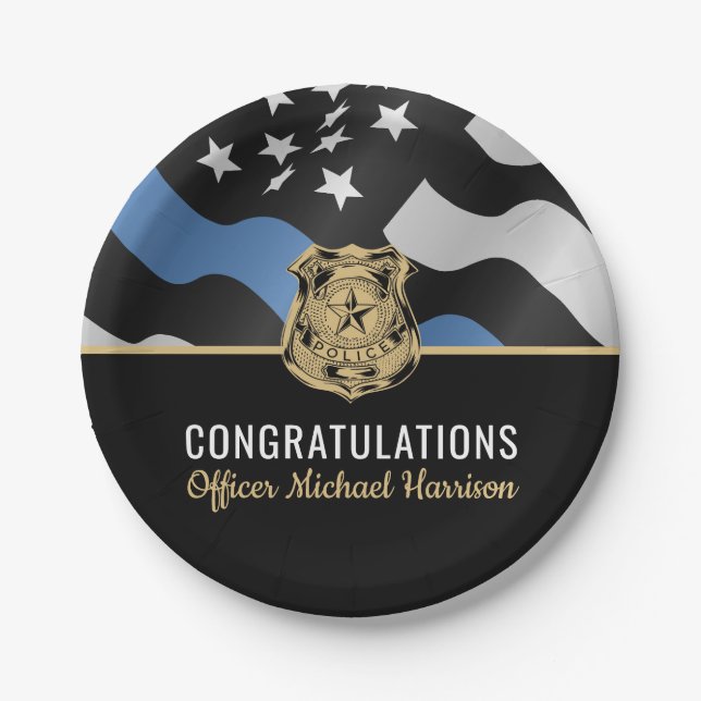 Police Academy Graduation Blue Line Flag Paper Plate (Front)