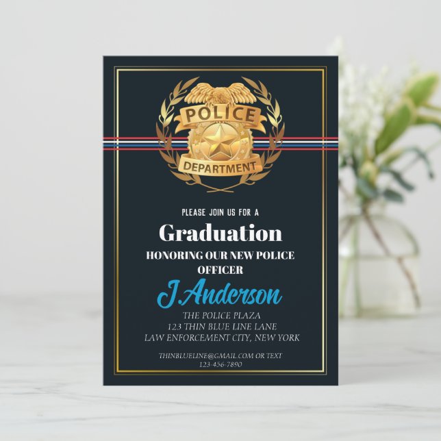 Police Academy Graduation WIith Gold Badge Shield  Invitation (Standing Front)