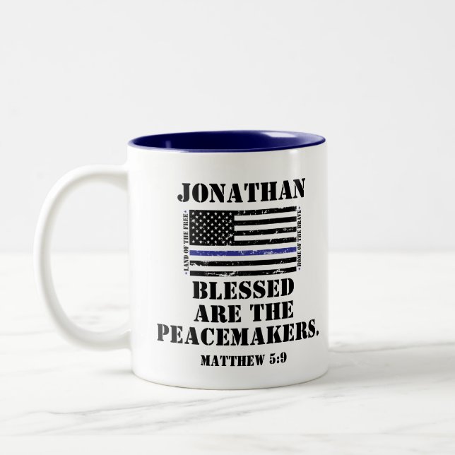 Police Appreciation Support Blue Line Scripture Two-Tone Coffee Mug (Left)