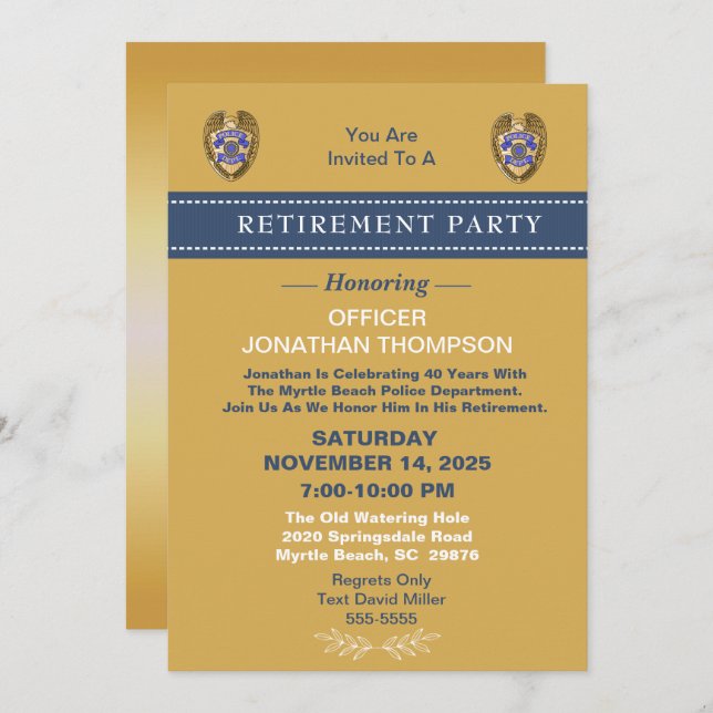 Police Badge  Blue Line Gold Retirement Invitation (Front/Back)