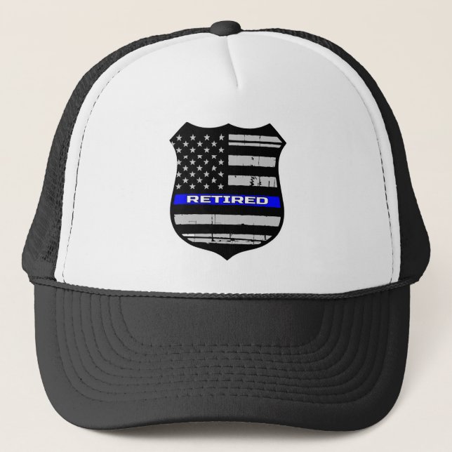 Police Badge Blue Line Retired Trucker Hat (Front)