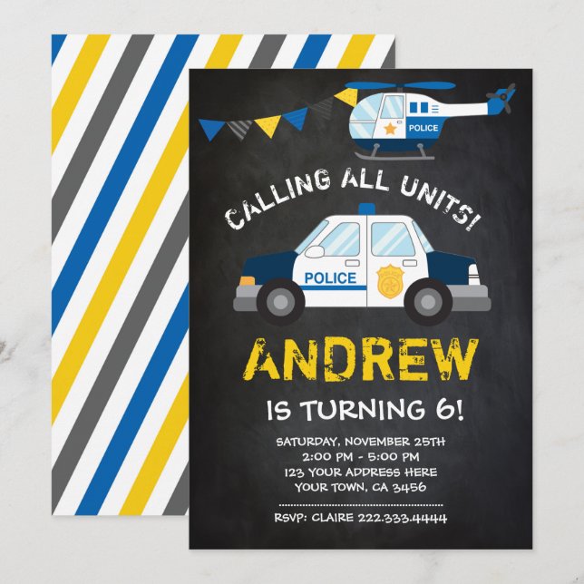 Police Birthday Invitation, Chalkboard background Invitation (Front/Back)