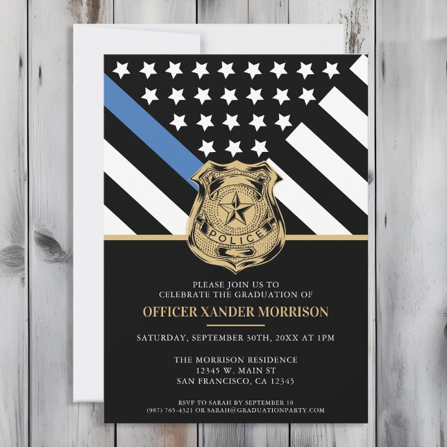 Police Blue Line Flag Law Enforcement Graduation Invitation (Perfect invitation to invite guests to celebrate the new police academy graduate in law enforcement!)