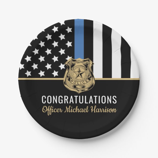 Police Blue Line Flag Officer Academy Graduation Paper Plate (Front)