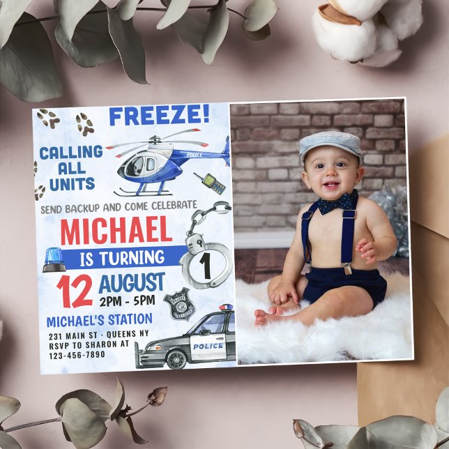 Police Boy 1st Birthday Party Photo Invitation (Creator Uploaded)