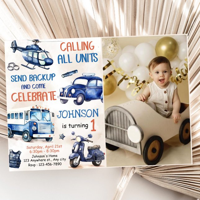 Police Boy 1st Birthday Party Photo Invitation (Creator Uploaded)