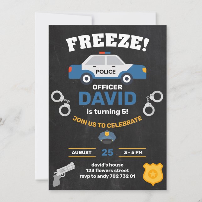 Police Boy Birthday Party Policeman Chalkboard Invitation (Front)