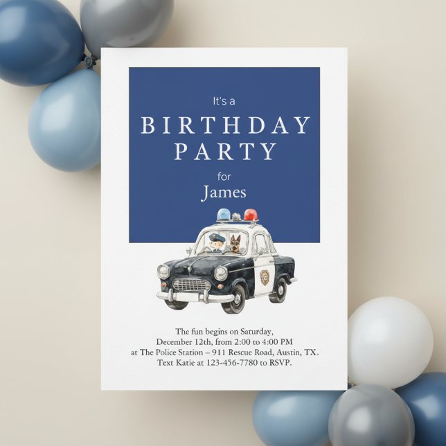 Police Car Birthday Invitation • Boy Party Invite (Watercolor police birthday invitation on beige surface with blue balloon decor in background)