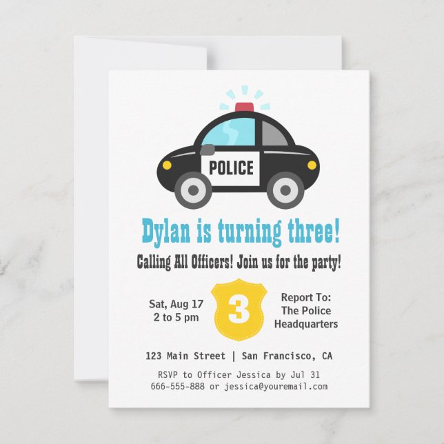 Police Car Boys Birthday Party Invitations (Front)