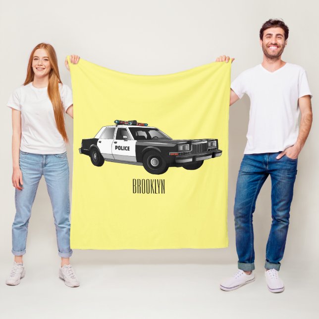 Police car cartoon illustration fleece blanket (In Situ)