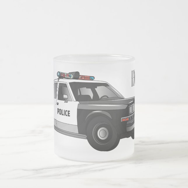 Police car cartoon illustration frosted glass coffee mug (Center)