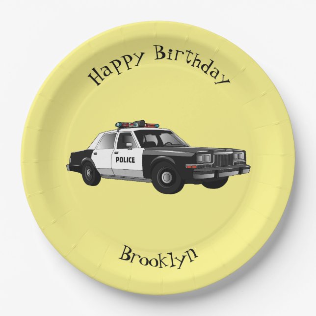 Police car cartoon illustration paper plate (Front)