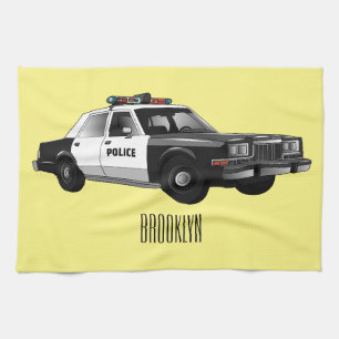 Police car cartoon illustration tea towel