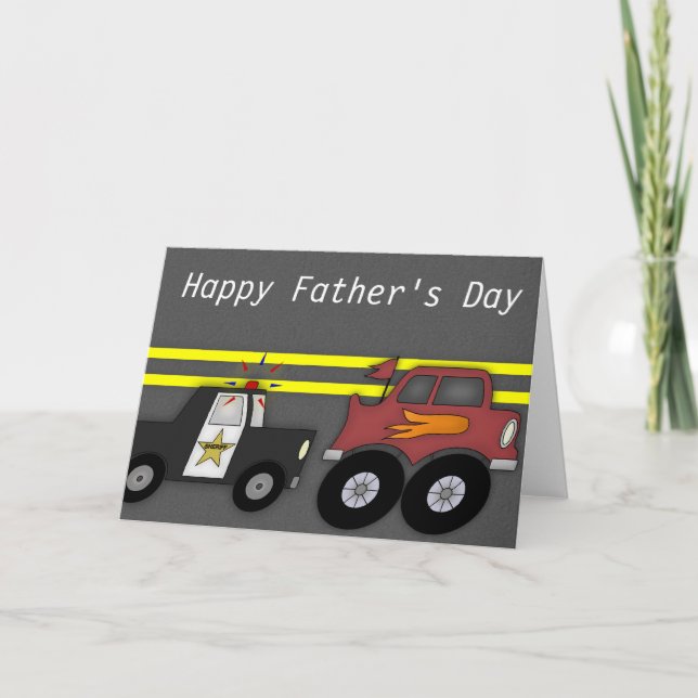 Police Car Chasing Big Truck Father's Day Card (Front)