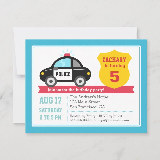 Police Car Kids Birthday Party Invitation (Front)
