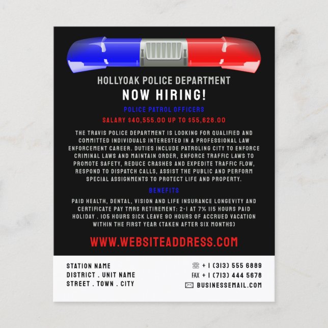 Police Car Siren, Police Officer Law Recruitment Flyer (Front)