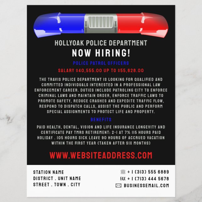 Police Car Siren, Police Officer Law Recruitment Flyer (Front)