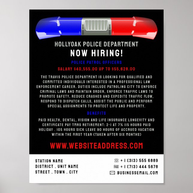 Police Car Siren, Police Officer Law Recruitment Poster (Front)
