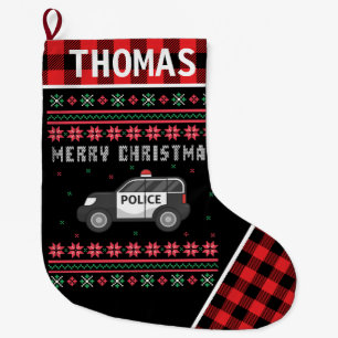 Police Car Ugly Christmas Sweater Red Plaid Large Christmas Stocking
