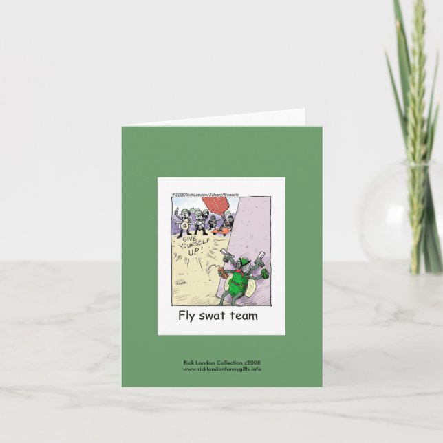Police Cartoon Fly Swat Team On A Note Card (Front)