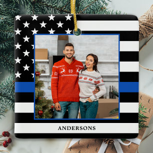 Police Christmas Custom Photo Thin Blue Line Ceramic Ornament