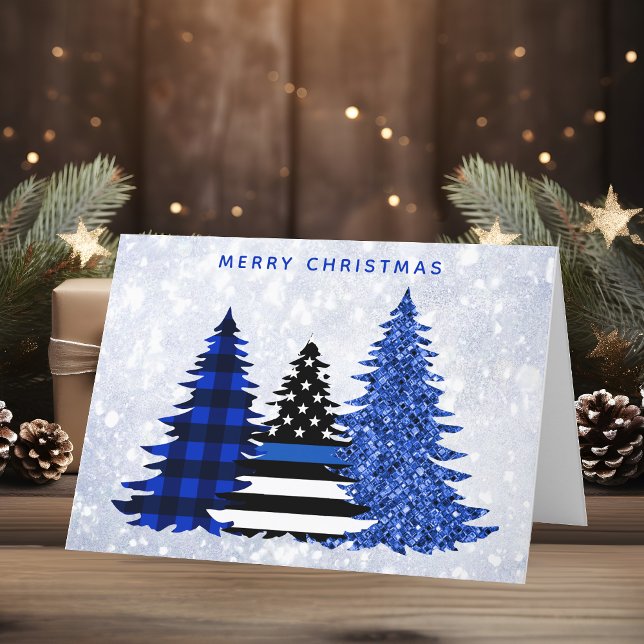 Police Christmas Glitter Plaid Thin Blue Line Tree Holiday Card (Creator Uploaded)