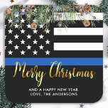 Police Christmas Law Enforcement Thin Blue Line Square Sticker<br><div class="desc">Send Merry Christmas greetings to friends, family, fellow law enforcement departments and your community with this unique Thin Blue Line Police Merry Christmas sticker - American Flag in police flag colours, modern black and blue with holly leaves and berries and elegant gold script. Personalise with your message and family name...</div>