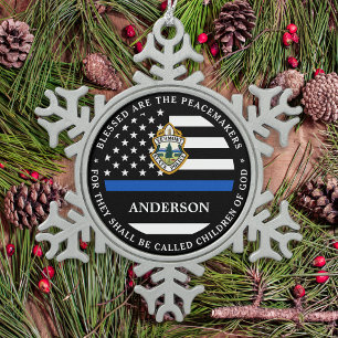 Police Christmas Personalised Logo Thin Blue Line Snowflake Pewter Christmas Ornament