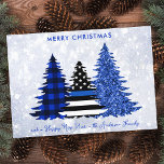 Police Christmas Thin Blue Line Glitter Plaid Tree Holiday Card<br><div class="desc">Send Merry Christmas greetings to friends and family with this Unique Police Christmas Card - Thin Blue Line, black and blue plaid and blue glitter trees on a silver snow glitter background design . Personalise with family name.. This police Christmas card is perfect for police families or police department christmas...</div>