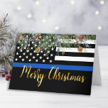 Police Christmas Thin Blue Line Law Enforcement Holiday Card<br><div class="desc">Send Merry Christmas greetings to friends, family, fellow law enforcement departments and your community with this unique Thin Blue Line Police Merry Christmas Card - American Flag in police flag colours, modern black and blue with holly leaves and berries and elegant gold script. Personalise with your message and family name...</div>