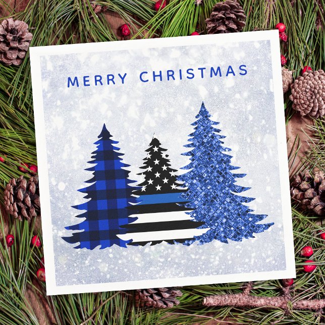 Police Christmas Thin Blue Line Plaid Glitter Tree Napkin (Creator Uploaded)