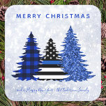 Police Christmas Thin Blue Line Plaid Glitter Tree Square Sticker<br><div class="desc">Send Merry Christmas greetings to friends and family with this Unique Police Christmas sticker - Thin Blue Line, black and blue plaid and blue glitter trees on a silver snow glitter background design . Personalise with family name and or text. This police Christmas sticker is perfect for police families or...</div>