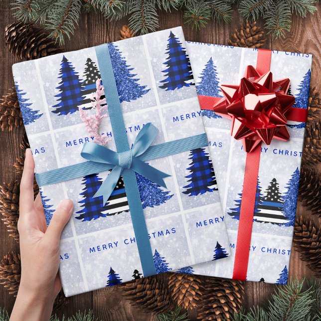 Police Christmas Thin Blue Line Plaid Glitter Tree Wrapping Paper (Creator Uploaded)