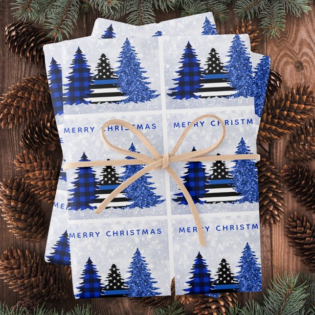 Police Christmas Thin Blue Line Plaid Glitter Tree Wrapping Paper Sheet (Creator Uploaded)