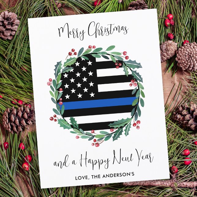 Police Christmas Wreath Blue Budget Holiday Card (Creator Uploaded)
