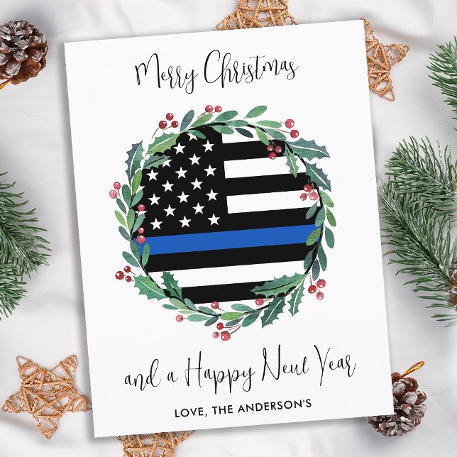 Police Christmas Wreath Thin Blue Line Flag Holiday Postcard (Creator Uploaded)