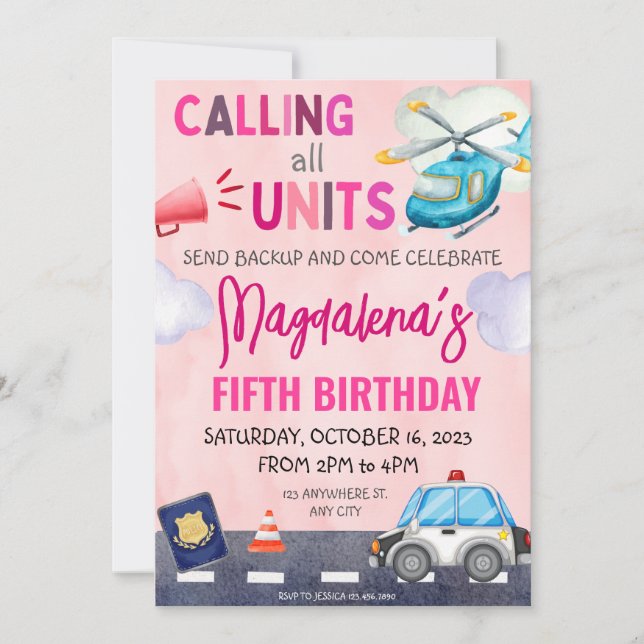 Police Cop Girl Policeman Birthday Party pink Invitation (Front)