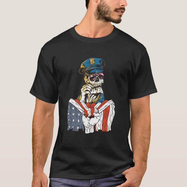 Police costume skaleton with American Flag T-Shirt (Front)