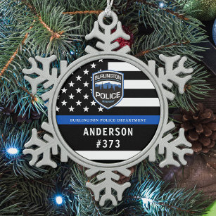 Police Department Custom Logo Blue Law Enforcement Snowflake Pewter Christmas Ornament