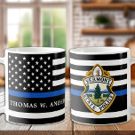 Police Department Custom Logo Law Enforcement Coffee Mug<br><div class="desc">Thin Blue Line Police Department Coffee Mug - American flag in Police Flag colours, modern black and blue design . Customise with your department logo, and personalise with police officers name. This personalised law enforcement mug is perfect for police departments and law enforcement . COPYRIGHT © 2020 Judy Burrows, Black...</div>