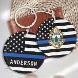 Police Department Custom Logo Name Law Enforcement Key Ring<br><div class="desc">Thin Blue Line Police Department Keychain - American flag in Police Flag colours, modern black and blue design . Customise with your department logo, and personalise with police officers name. This personalised law enforcement keychain is perfect for police departments and law enforcement officers, promotional ideas, or gifts to your police...</div>