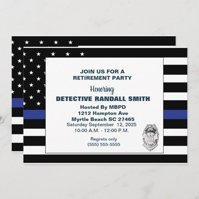 Police Detective Retirement Blue Line Flag Invitation (Front/Back)