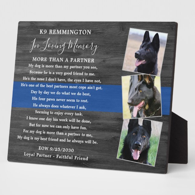 Police Dog Memorial Personalise K9 Officer 3 Photo Plaque (Side)